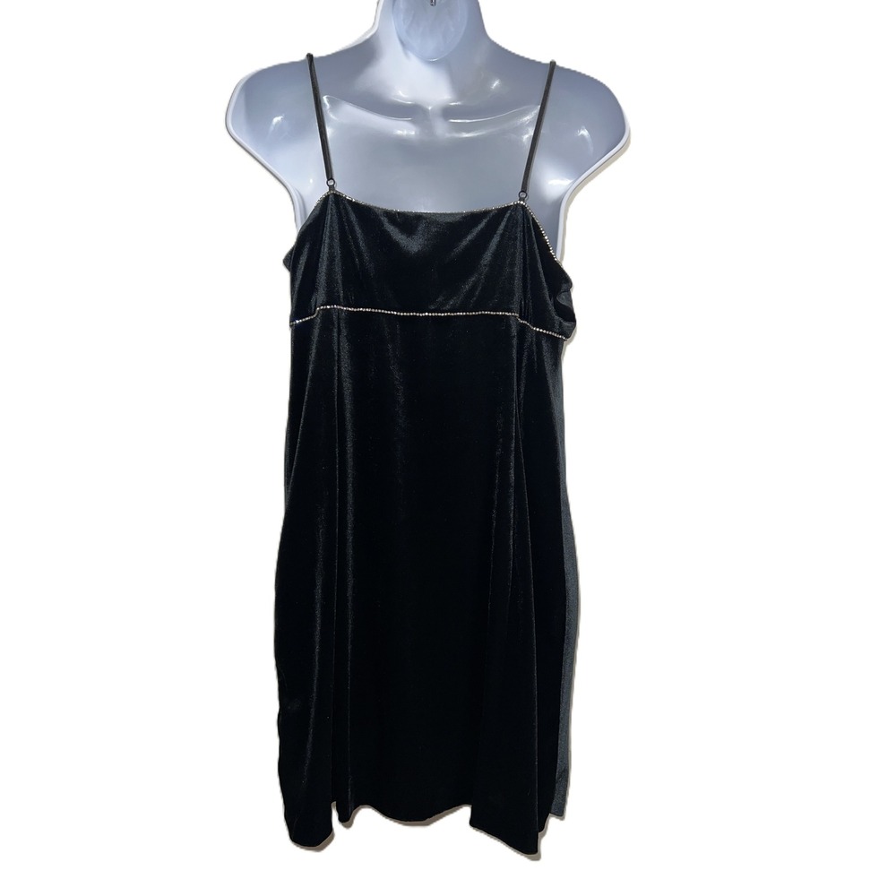 Y2K Whimsigoth Urban Outfitters Black Velvet Mini Dress Rhinestone Trim Size L - Picture 3 of 8